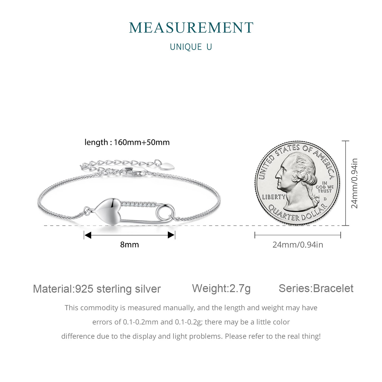 Chaîne de Bracelet en Argent Sterling avec Épingle Cœur