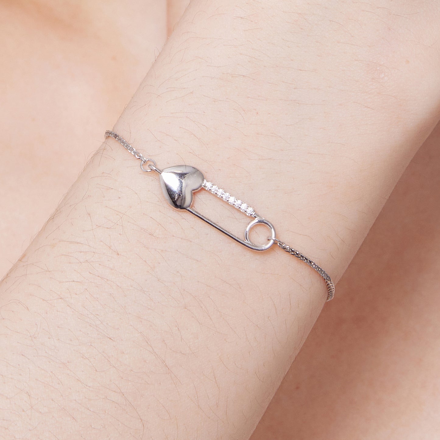 Chaîne de Bracelet en Argent Sterling avec Épingle Cœur