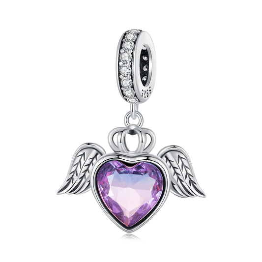 Charm en Verre en Forme de Cœur Violet Guardian Wings