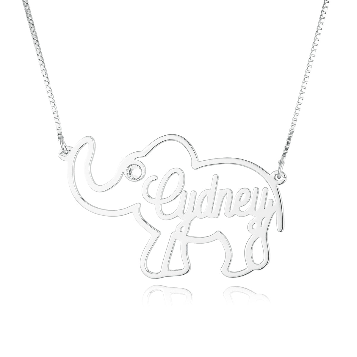 Collana personalizzata con nome di elefante in corsivo in argento sterling con pietra portafortuna