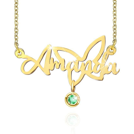 Collana personalizzata con nome a farfalla placcata in oro 18 carati con pietra portafortuna