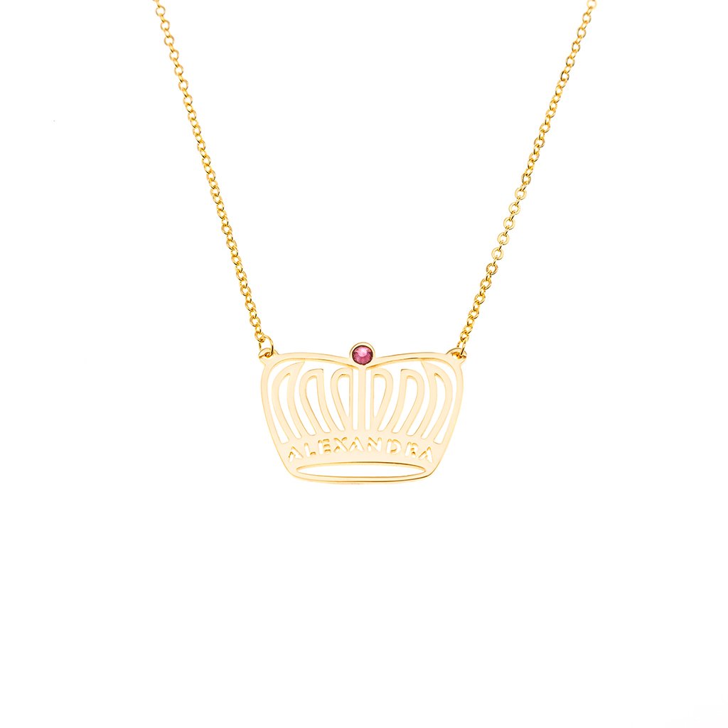 Collier Avec Nom De Couronne 18K Et Pierre De Naissance