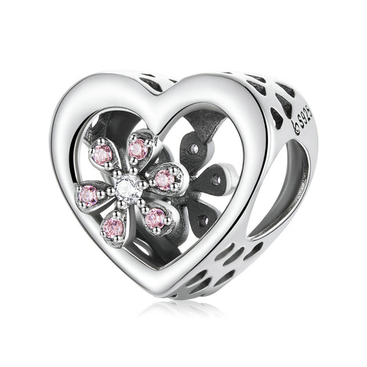 Charm Coeur Zircon Fleur de Cerisier Rose