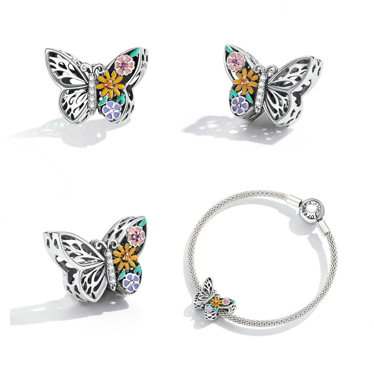 Charme Animaux de Papillon de Fleur de Zircon D'huile de Goutte de Couleur D'argent Sterling