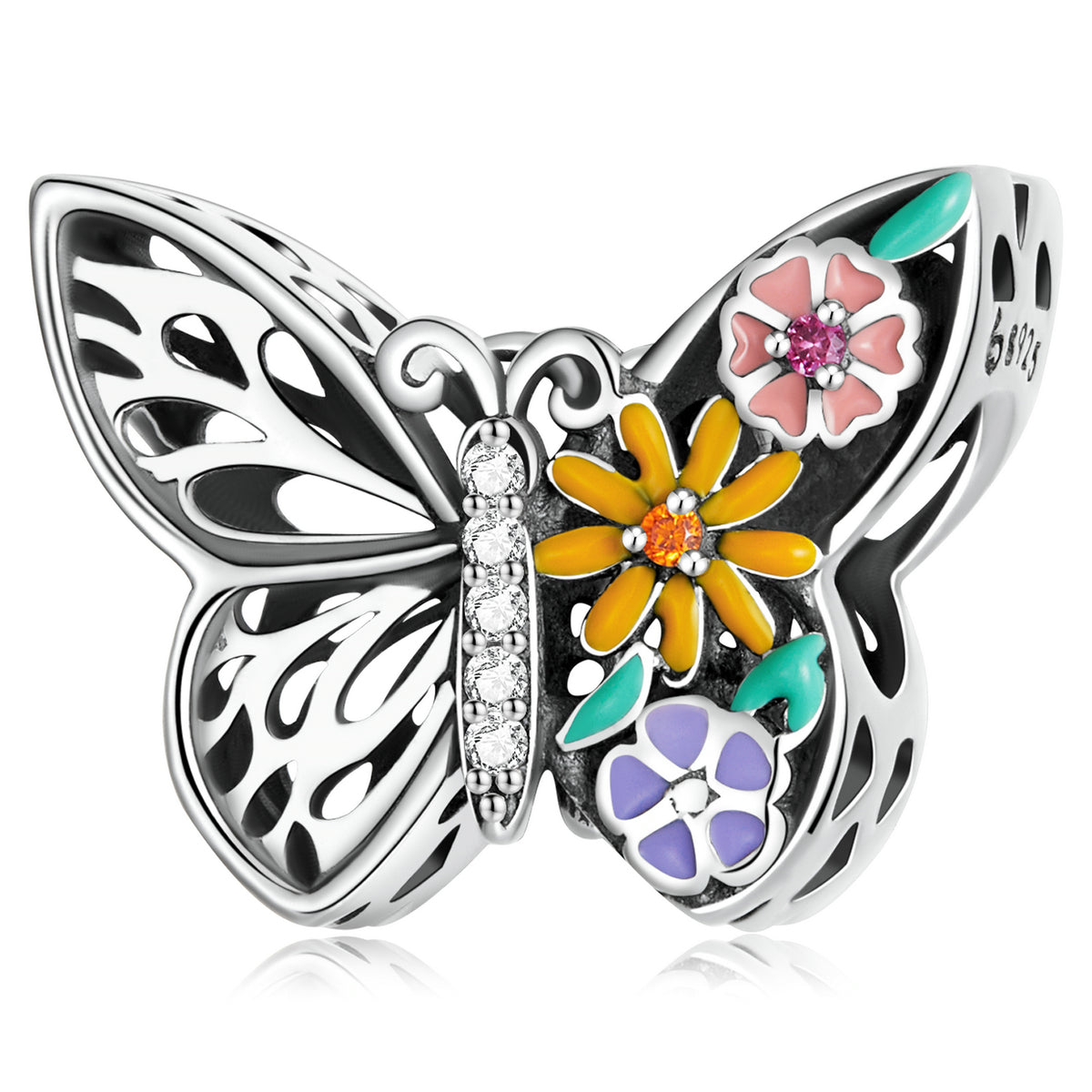 Charme Animaux de Papillon de Fleur de Zircon D'huile de Goutte de Couleur D'argent Sterling