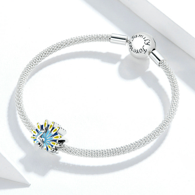 Perla di fascino smaltato blu pavone in argento sterling