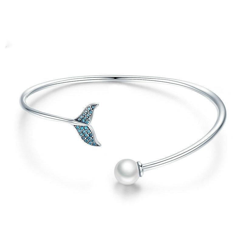 Bracelet Ouvert En Argent Sterling Avec Queue De Sirène Bleue