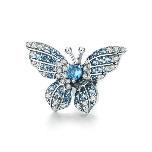Perla di fascino in argento sterling con farfalla blu scintillante
