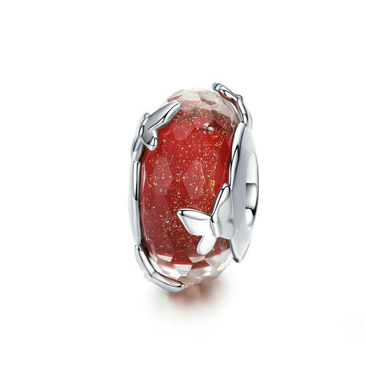Perla in vetro di Murano sfaccettato con farfalla rossa