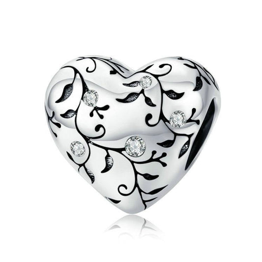 Perla di fascino a forma di cuore in argento sterling con motivo vintage