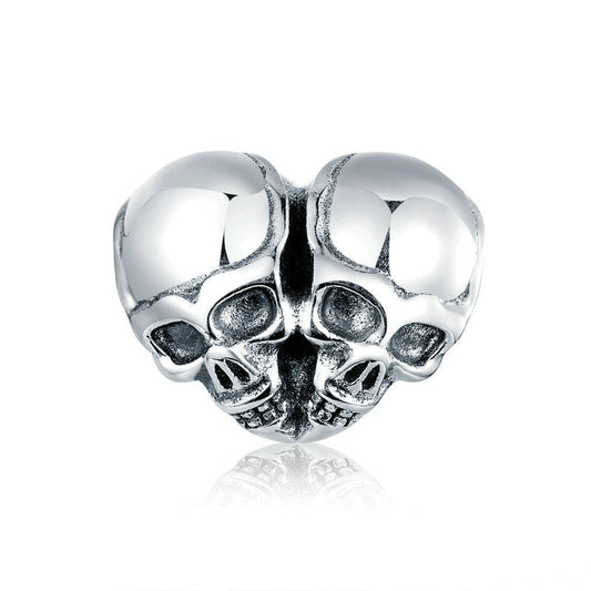 Cool Two Skulls Sterling Silver Heart Charm Bead-DUNALI