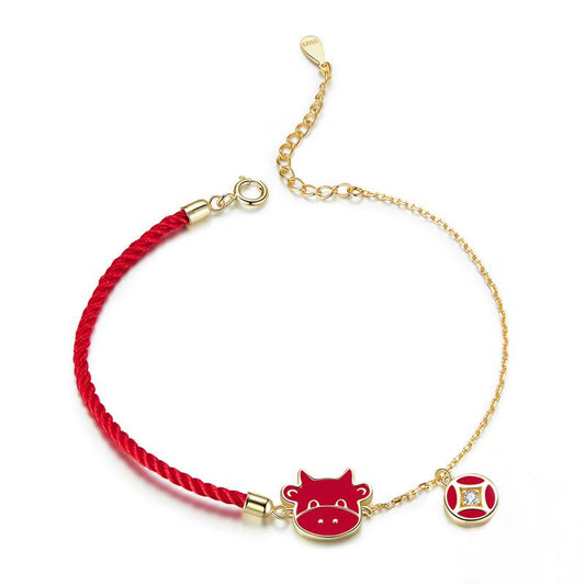 Bracciale Catena Corda Rossa In Argento Sterling Con Mucca Fortunata