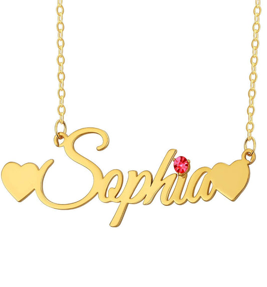 Collana personalizzata con nome a doppio cuore placcata in oro con pietra portafortuna
