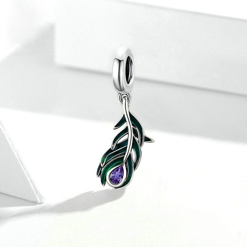 Ciondolo con piuma di pavone verde in argento sterling