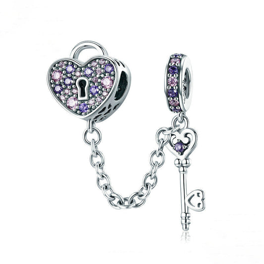 Heart Key Sterling Silver Safety Chain Charm-DUNALI
