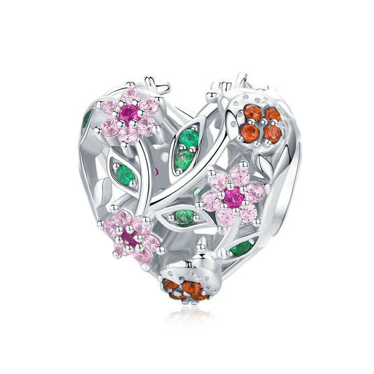 Heart-shaped Pink Flower Insect Sterling Silver Bead-DUNALI