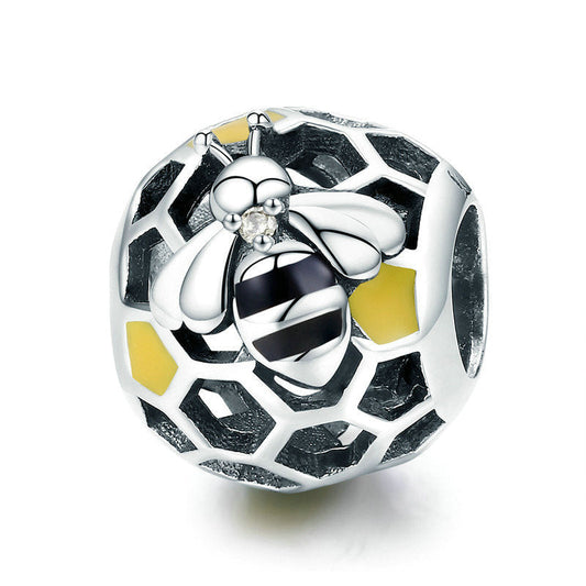 Honeycomb Bee Sterling Silver Ball Charm Bead-DUNALI