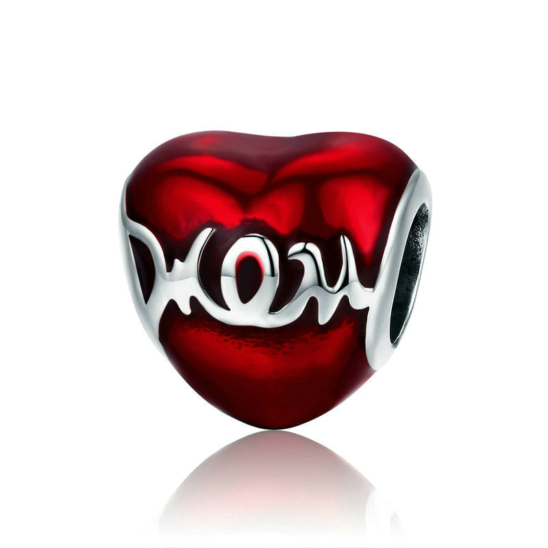 Mom Gentle Hand Engrave Red Enamel Heart Bead-DUNALI