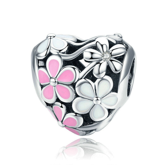 Pink Daisy Flower Sterling Silver Charm Bead-DUNALI