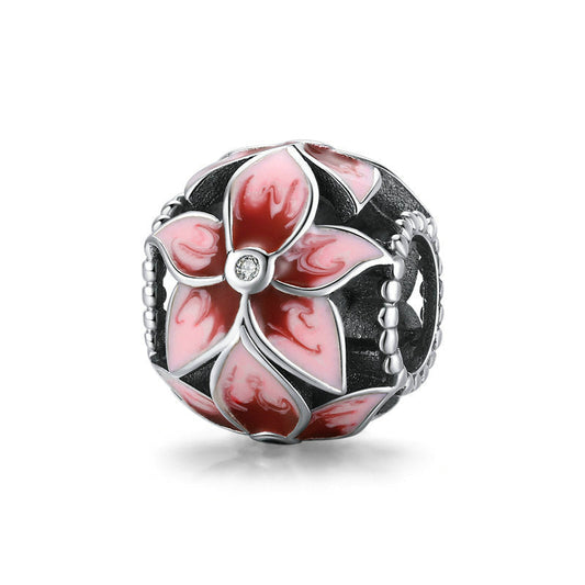 Pink Flower Blossom Sterling Silver Ball Charm Bead-DUNALI