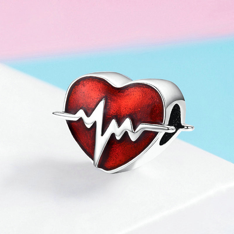 Charm Coeur en Argent Sterling Battement de Coeur Rouge