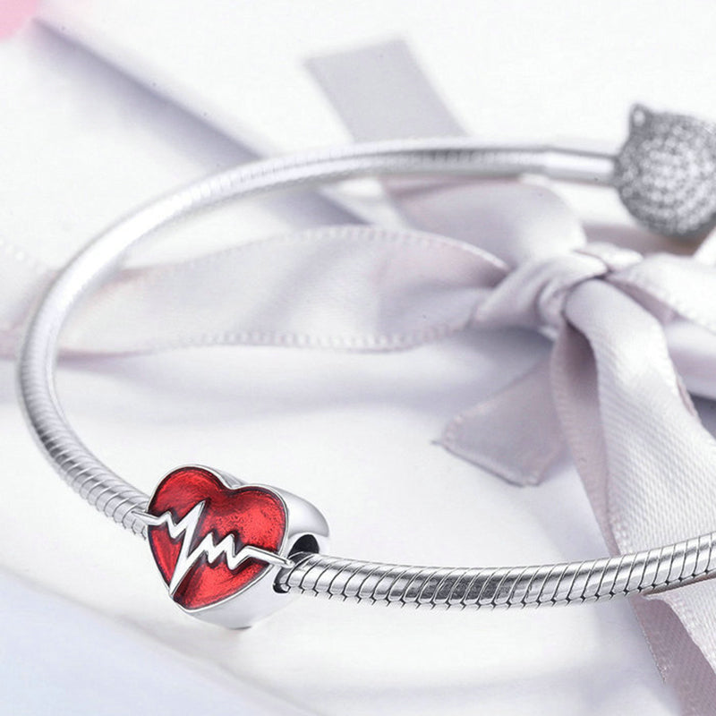 Charm Coeur en Argent Sterling Battement de Coeur Rouge