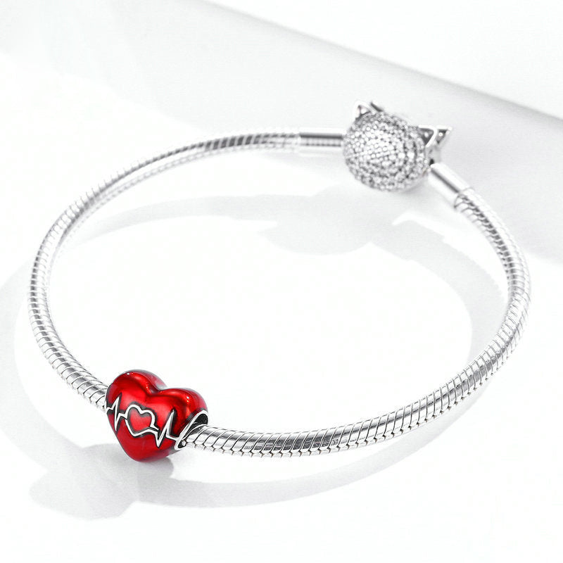 Charm Coeur en Argent Sterling Rouge Battement de Coeur d'Amour