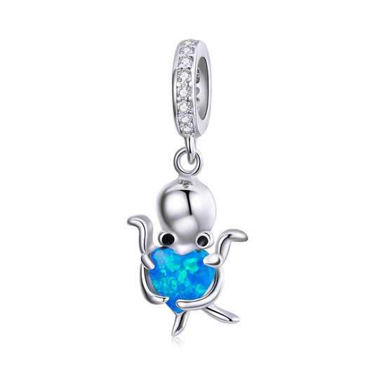 Charm Dangle Animaux Océan Poulpe avec Opale Coeur Bleu