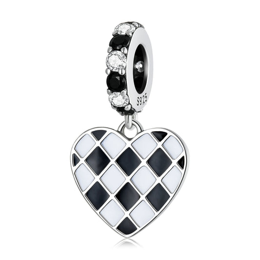Coeurs avec des carrés noirs blancs Pendentifs en argent sterling Perles Bracelets
