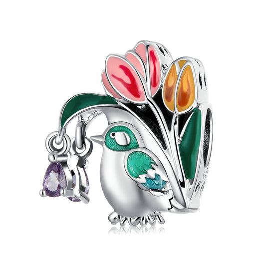Squisiti fiori colorati perline di uccellini per bracciali in argento sterling con zirconi