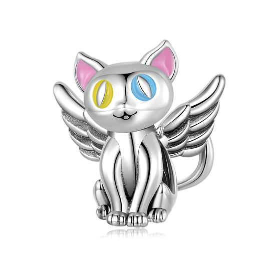 Charm Animaux D'ange Chat Blanc en Argent Sterling