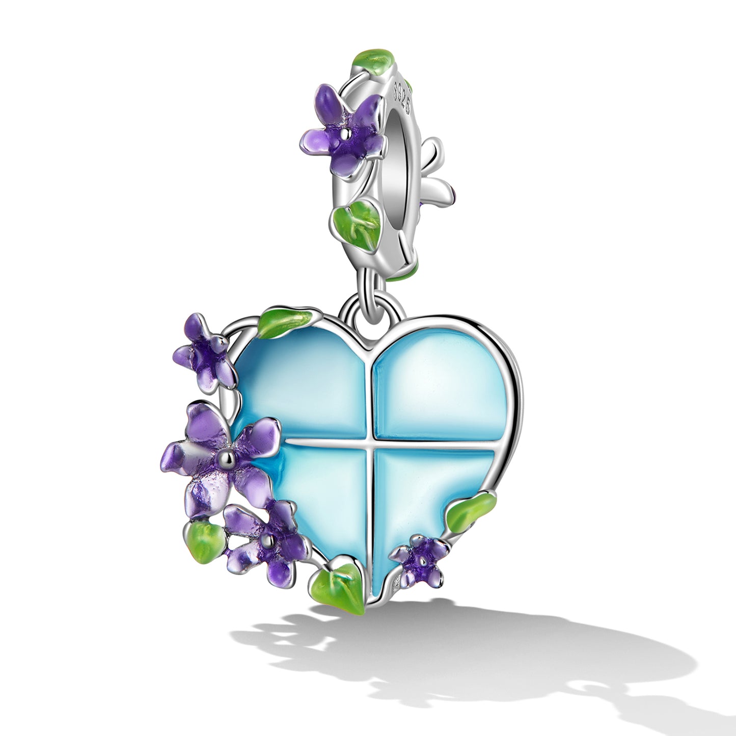 Pendentif Coeur Fenêtre Fleur Bleue en Argent Sterling
