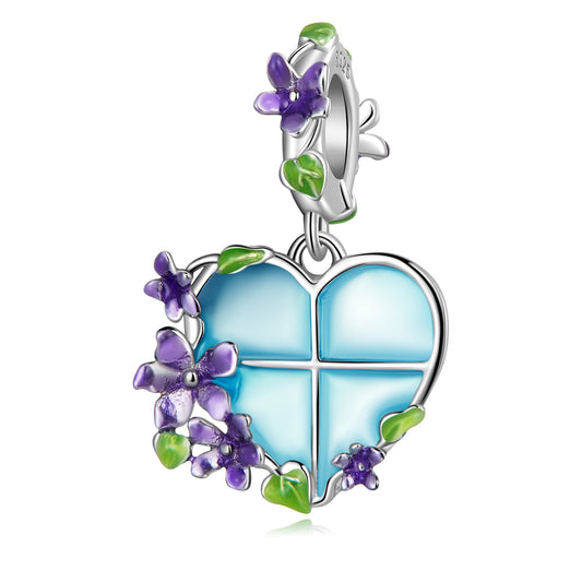 Ciondolo cuore finestra fiore blu in argento sterling