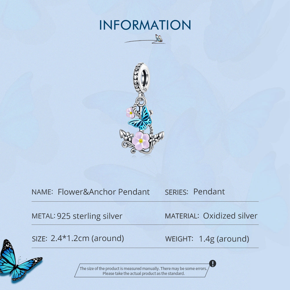 Animaux Dangle Charm Ancre Papillon Bleu et Fleur Rose