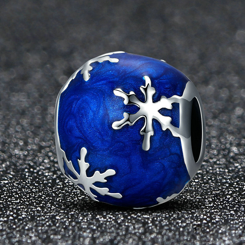 Perle de charme bleu en argent sterling flocons de neige scintillants