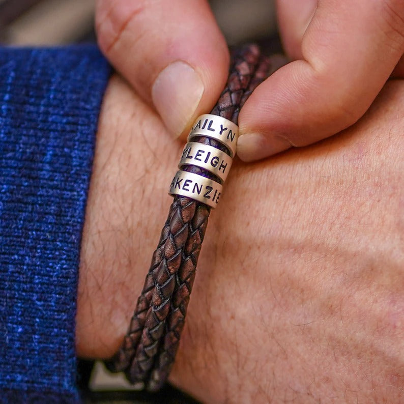 Bracelet Homme Cuir Tressé avec Petites Perles Personnalisées